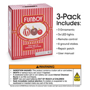 3 Pack includes: 3 ornaments, 3x LED Lights, Remote control, 6 ground stakes, repair patch, user manual. Warning! WARNING! Ingestion Hazard: This product contains a button cell or coin battery. Death or serious injury can occur if ingested. A swallowed button cell or coin battery can cause internal chemical burns in a s little as 2 hours. Keep new & used batteries out of reach of children. Seek immediate medical attention if a battery is suspected to be swallowed or inserted inside any part of the body.
